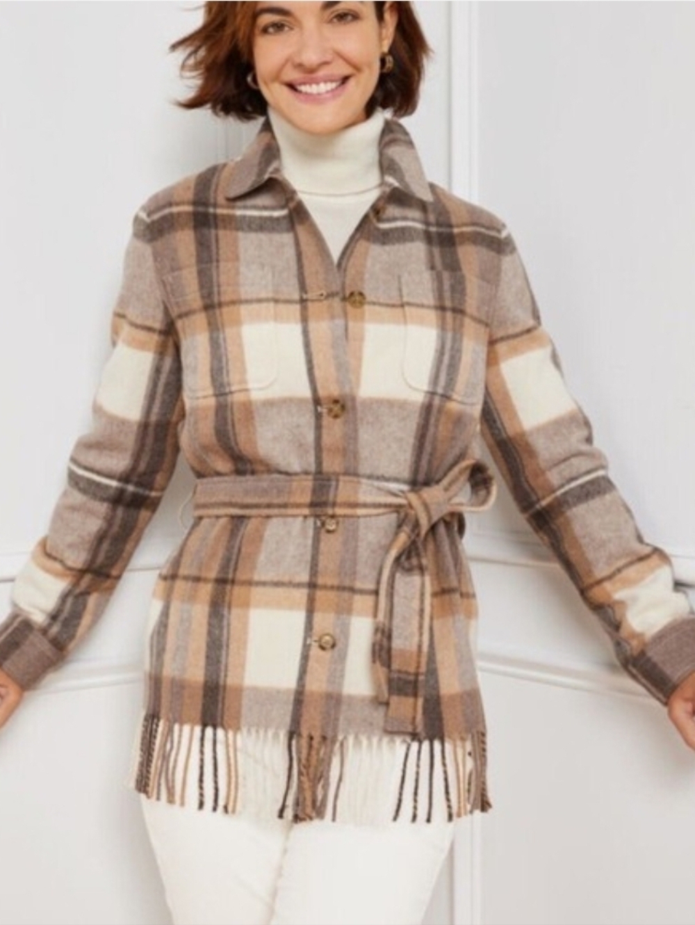 Talbots Plaid Belted Fringe Italian Wool Blend Jacket Size Large
